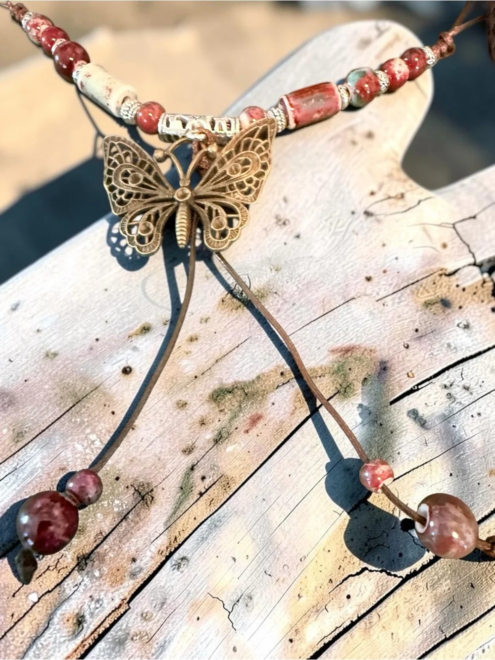 Boho Butterfly & Beaded Layered Necklaces - Brown & Red